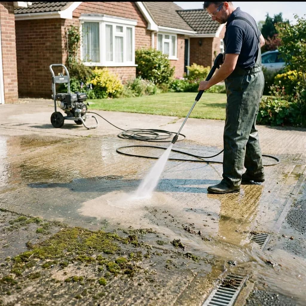 Pure Blast operative pressure washing a moss-covered driveway outside a UK home, lifting years of grime
